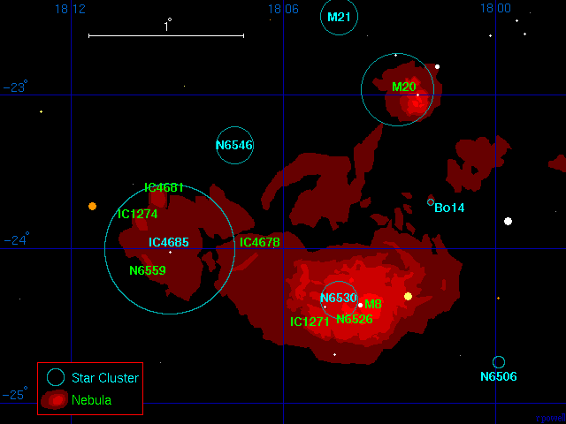 A map of the Lagoon and Trifid Nebulae